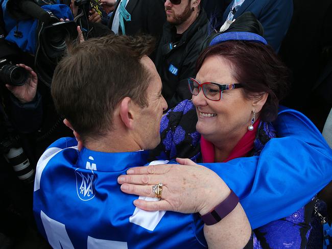 Cox Plate Day. Race 9. Cox Plate. Winning jockey Hugh Bowman embraces Debbie Kepitis who is a part owner of Winx who won easily. Picture: Ian Currie