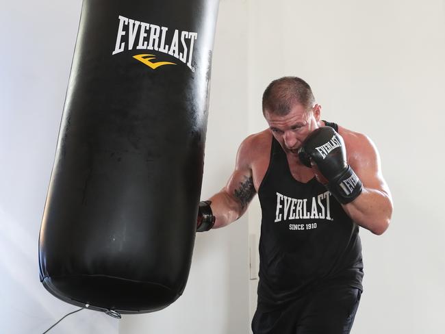 Paul Gallen training for his heavyweight fight against Mark Hunt at the Cronulla Masonic Temple, Sydney. Picture: Brett Costello