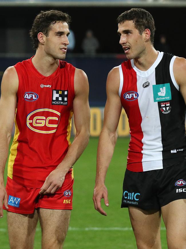 Gold Coast’s Ben King and St Kilda’s Max King have a chat after playing against each other in 2020. Picture: Michael Klein