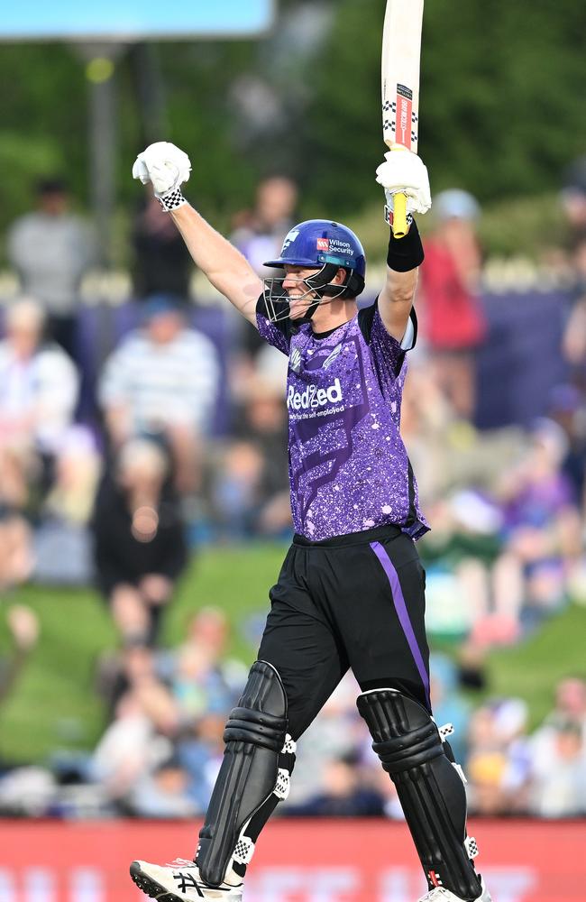 Mitch Owen celebrates scoring a century for the Hurricanes. Picture: Getty Images