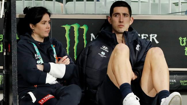 Jacob Weitering watched on as Carlton suffered its third defeat of the season against Collingwood. Picture: Dylan Burns/AFL Photos via Getty Images