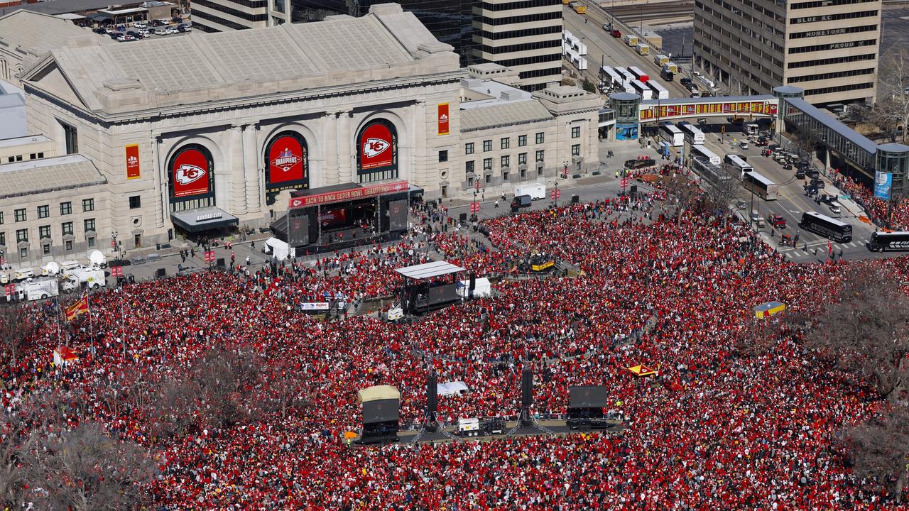 Kansas City Chiefs fans gathered at Union Station during the Kansas City Chiefs Super Bowl LVIII victory parade on Wednesday. Picture: David Eulitt/Getty