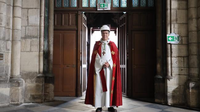 Archbishop of Paris Michel Aupetit arrives to attend a meditation ceremony to celebrate Good Friday in a secured part of Notre-Dame de Paris cathedral. Picture: AFP