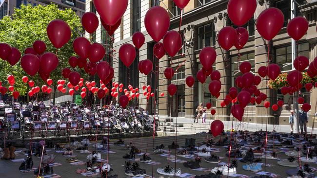 Sydney's Martin Place, where empty prams and the images of children held hostage by Hamas were displayed to show solidarity with Israel. Picture: Monique Harmer