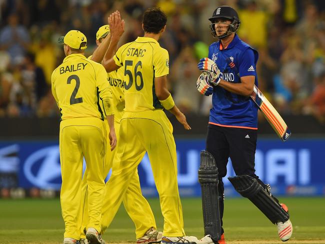 Mitchell Starc yorked Stuart Broad first ball.