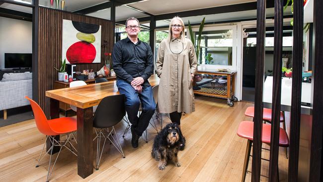 Beaumaris Modern members Ian Wong and Fiona Austin inside Mr Wong’s John Baird designed Beaumaris home. Picture: Sarah Matray