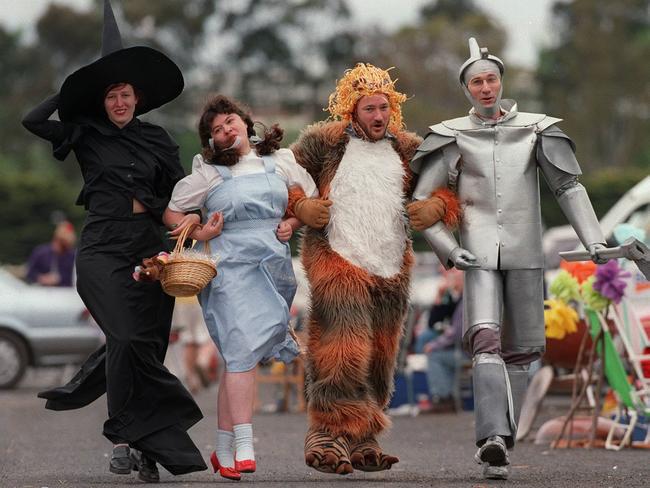 Racegoers Lisa Hajncl, Jenny Trudinger, Chris Quonoey and Tom Hajncl dress up as characters from the Wizard of Oz in 1997.