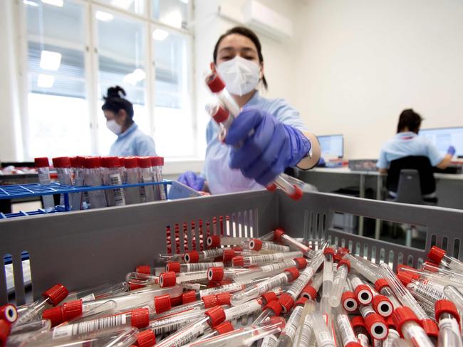 Employees in the LifeBrain laboratory prepare the coronavirus PCR gargle test samples in Vienna. Picture: AFP