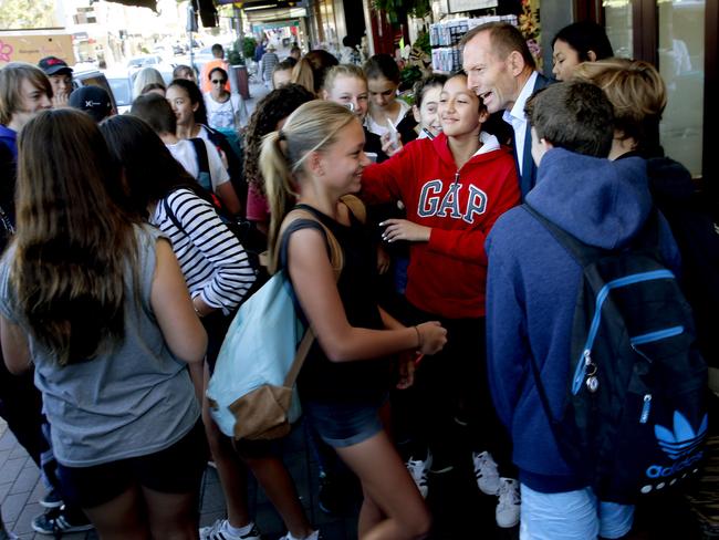 Tony Abbott mobbed by schoolchildren in Mosman on Military Rd. Picture: Annika Enderborg