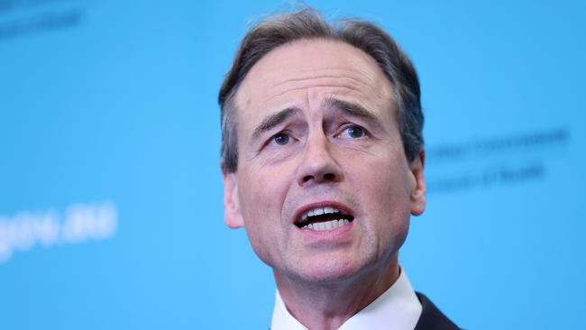 Health Minister Greg Hunt during a press conference in Canberra. Picture: NCA NewsWire / Gary Ramage