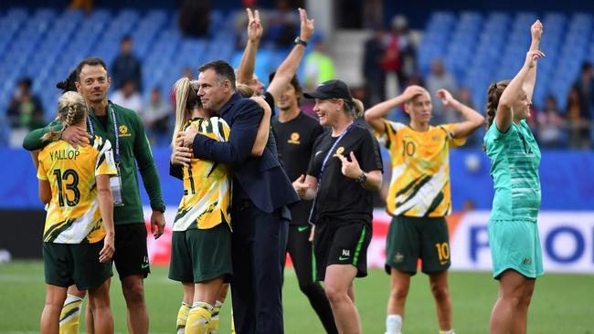 Matildas coach Ante Milicic (centre) celebrates with his players after Australia’s win over Brazil at last year’s Women's World Cup in France. Picture: Pascal GUYOT / AFP