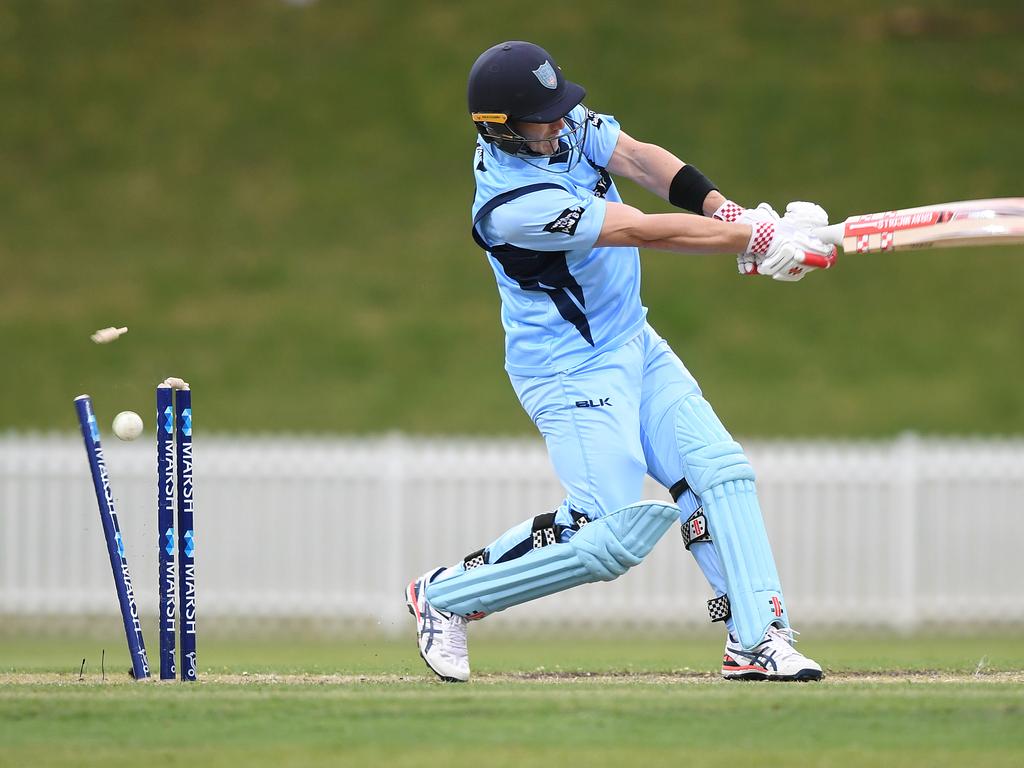 Peter Nevill of the NSW Blues is bowled out during the Marsh Cup One Day cricket match between NSW and Western Australia at Drummoyne Oval in Sydney, Monday, September 30, 2019. (AAP Image/Joel Carrett)