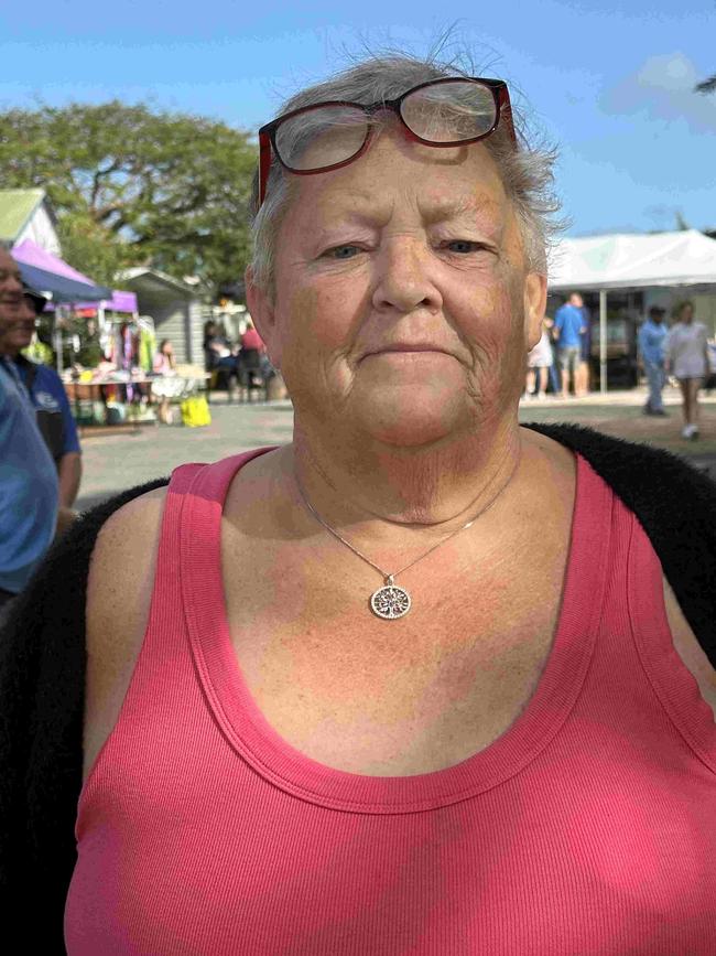 Bororen resident Heidi Peters at markets in Miriam Vale on the Sunday two days after a fatal truck and ute crash on August 30, 2024, where ammonium nitrate in one of the tanks of the B-Double exploded and left a crater on the side of the Bruce Hwy.