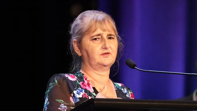 Daughter Cindy Micallef speaks during the service. Picture: Liam Kidston