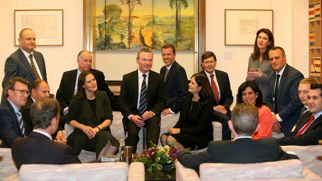 Victorian MPs and Senators met with Defence Industry Minister Christopher Pyne to push their case for Victoria to win the LAND 400 army project at Parliament House in Canberra. Picture: Kym Smith