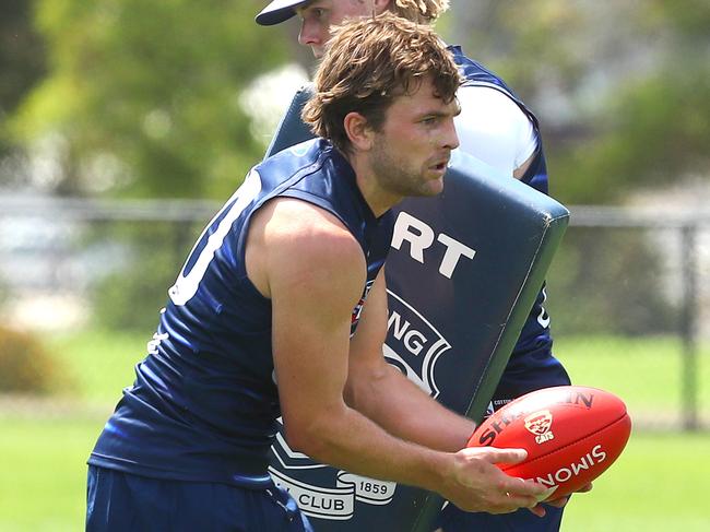 Tom Atkins at Geelong training on Monday. Picture: Alison Wynd