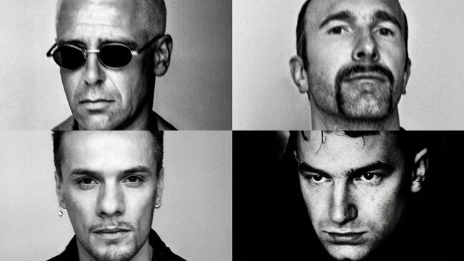 Members of U2 (counterclockwise from bottom right) Bono, The Edge, Adam Clayton and Larry Mullen Jr