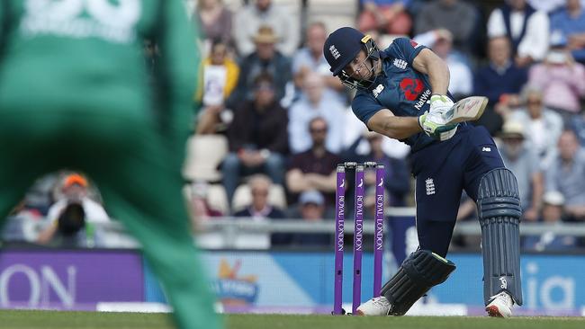 Buttler hits a six to reach his 100 during the second ODI against Pakistan at The Ageas Bowl.