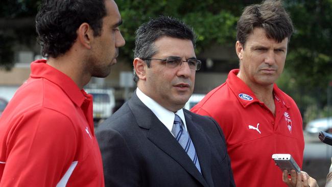 Former Sydney coach Paul Roos (right) with ex-AFL boss Andrew Demetriou and Swans captain Adam Goodes.