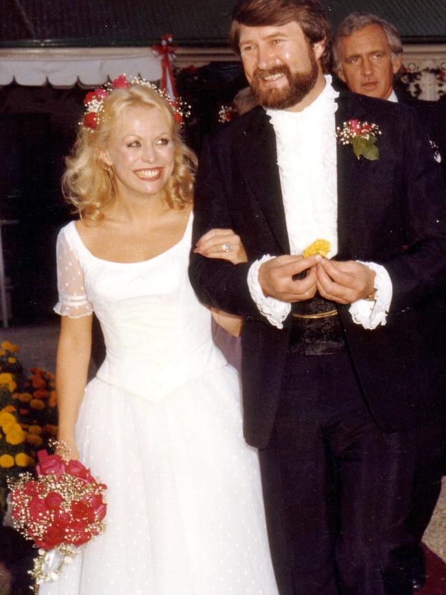 Hinch with actress Jacki Weaver on their wedding day in 1983. Hinch’s best man was former Liberal Party leader Andrew Peacock. Picture: Supplied