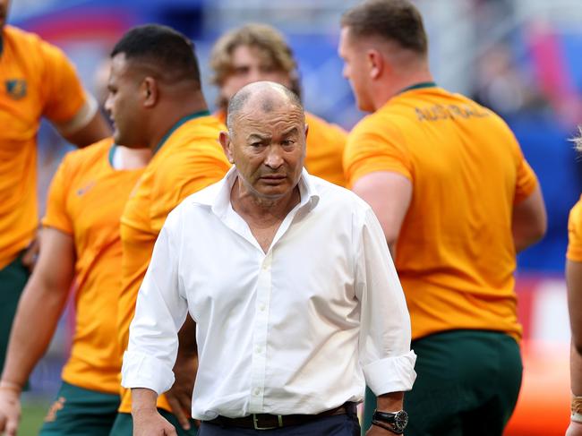 PARIS, FRANCE - SEPTEMBER 09: Eddie Jones, Head Coach of Australia, during the warm up prior to the Rugby World Cup France 2023 match between Australia and Georgia at Stade de France on September 09, 2023 in Paris, France. (Photo by Warren Little/Getty Images)