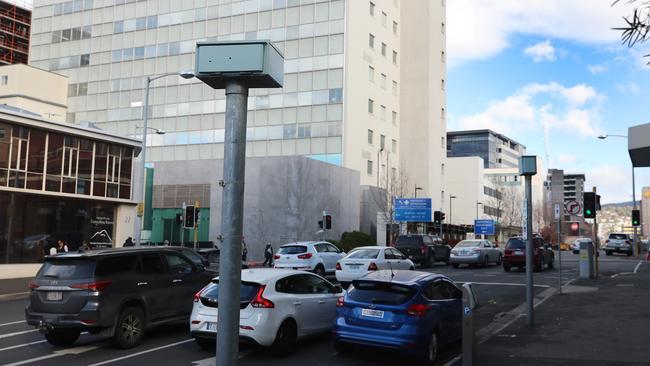 The non-operational red light cameras on the corner of Liverpool and Campbell Streets in the CBD in 2018. Picture: LUKE BOWDEN