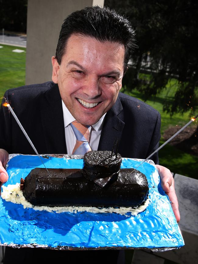 In 2015, then-Senator Nick Xenophon wished the Abbott Government a happy second birthday with a message that they “take the cake” for not yet delivering new submarines. Picture: Ray Strange