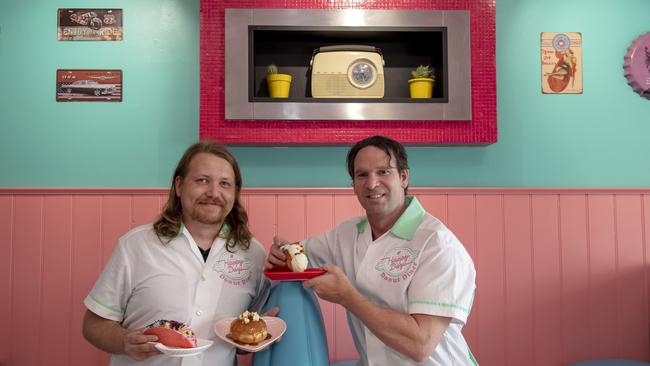 Michael Rowe and Marcus Sampson at Happy Days Donuts. Picture: Andy Brownbill