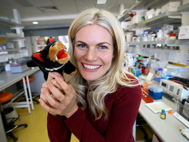 Former Home and Away star Bonnie Sveen signs up as ambassador for Save the Tasmanian Devil Appeal, pictured at the Menzies Centre for Medical Research. Picture: SAM ROSEWARNE.