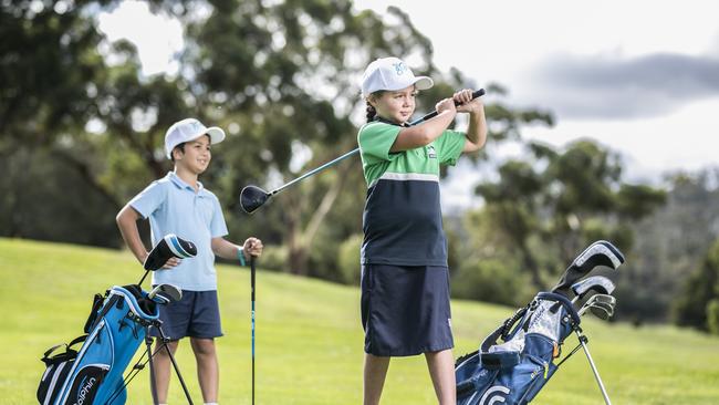 After school junior golf day preview. Photograph shows Montana Kennedy 8 of Bellerive Primary and Stephen Weston 8 of Cambridge Primary at Rosny Golf Course. Photograph Eddie Safarik