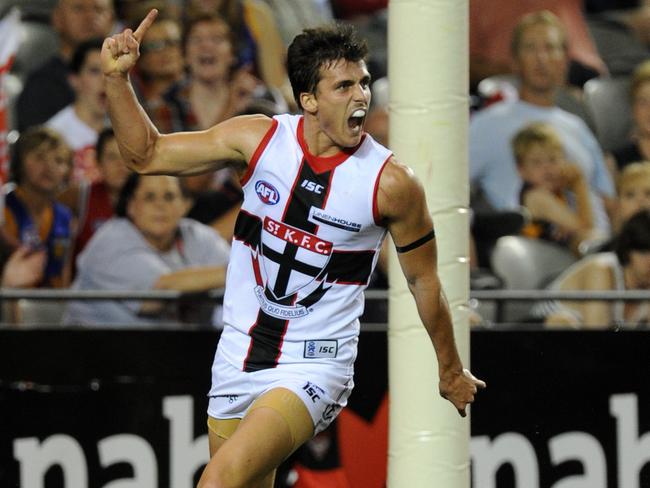 Will Johnson celebrates a goal for St Kilda in a pre-season game in 2011.