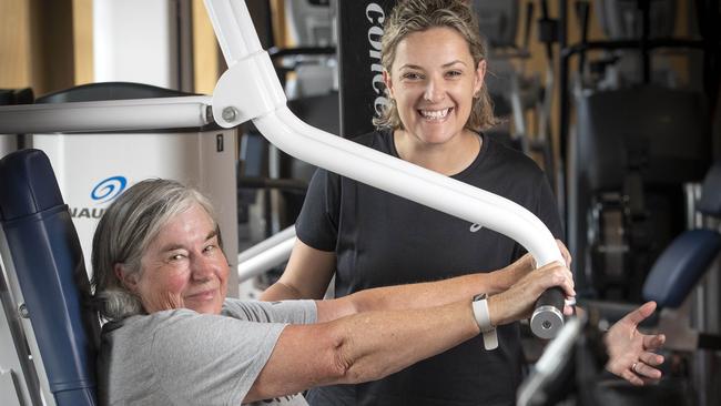 Gabby Hills works out with her personal trainer Morgan North at All Aerobics Fitness, Hobart. Picture: Chris Kidd