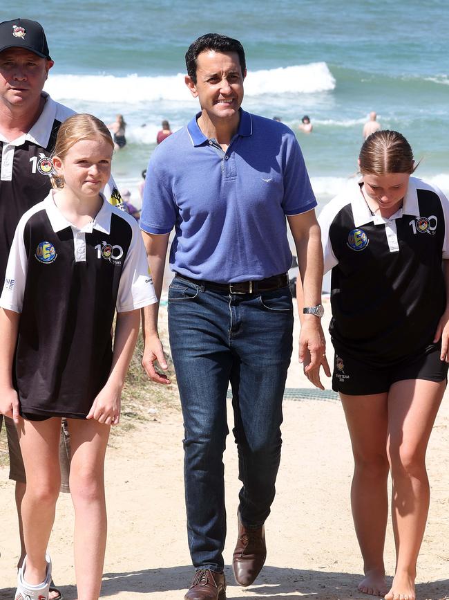 Leader of the Opposition David Crisafulli visits the Bribie Island Surf Club. Picture: Liam Kidston.