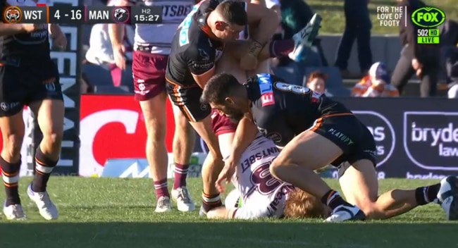 The spear tackle on Jake Trbojevic which saw Wests Tigers star Brent Naden sent off against Manly and suspended for just four weeks. Picture: Fox League.