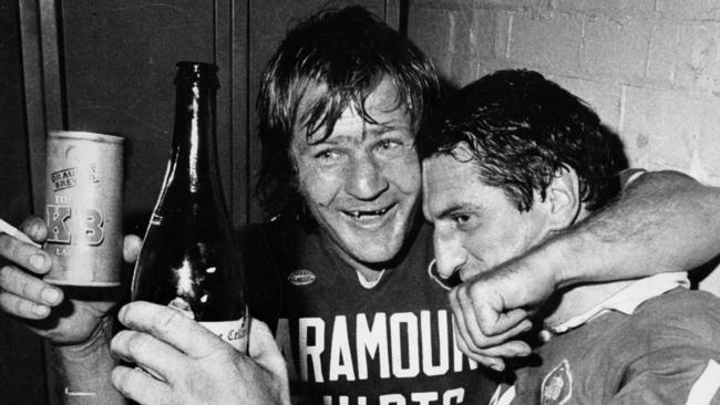 Tommy Raudonikis and Ken Wilson celebrate a finals win at the SCG in 1981.