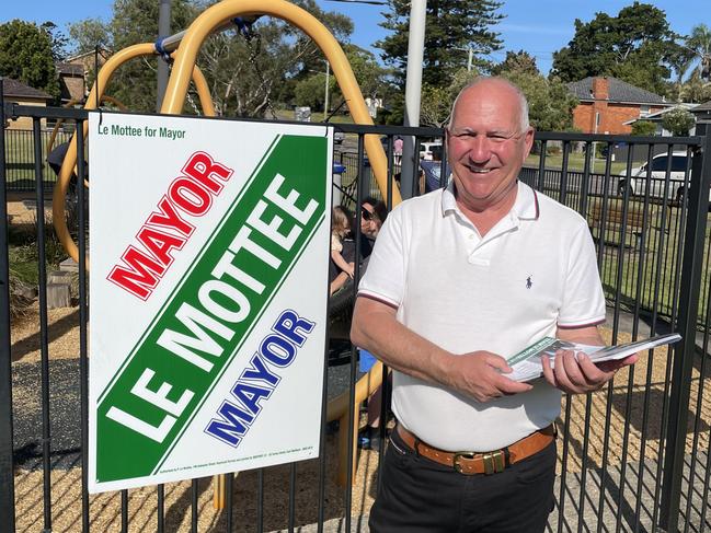 Cr Paul Le Mottee in mayoral race for Port Stephens Council at Fern Bay polling booth.