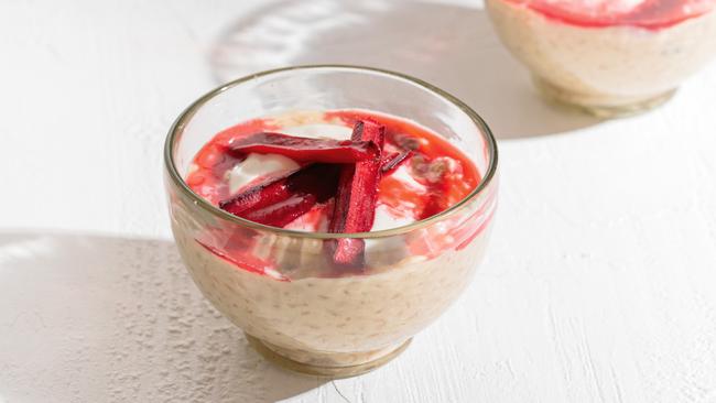 Brown sugar rice pudding with rhubarb. Picture: Nikki To