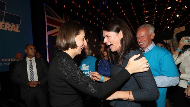 **EMBARGO FOR MARGIN CALL** 18/05/2019: Premier Gladys Berejiklian congratulates Fiona Martin on her win on 2019 Coalition Election Night at the Wentworth Sofitel in Sydney on Saturday. Hollie Adams/The Australian