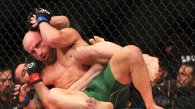 Islam Makhachev controlled Alex Volkanovski on the ground for long periods. (Photo by Paul Kane/Getty Images)