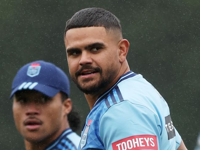 WENTWORTH FALLS, AUSTRALIA - MAY 21:  Latrell Mitchell warms up during a NSW Blues State of Origin squad training session at Blue Mountains Grammar School on May 21, 2025 in Wentworth Falls, Australia. (Photo by Matt King/Getty Images)