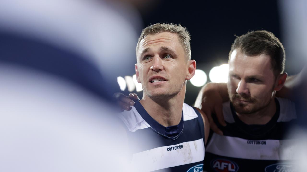 Joel Selwood addresses his players in the pre-game huddle. Picture: Michael Willson/AFL Photos via Getty Images