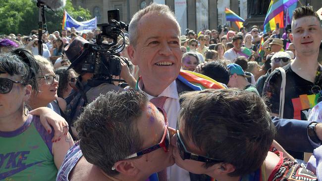 Opposition leader Bill Shorten celebrates in Melbourne yesterday. Picture: Ted McDonnell