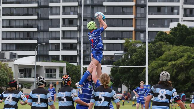 Day 1 of the King of the Country junior rugby union tournament at the Gold Coast Eagles Rugby Union Club.Maroochydore Swans (BLUE AND BLACK) vs USQ Saints (Blue ) Maroochydore Player No USQ Player No Pic Mike Batterham