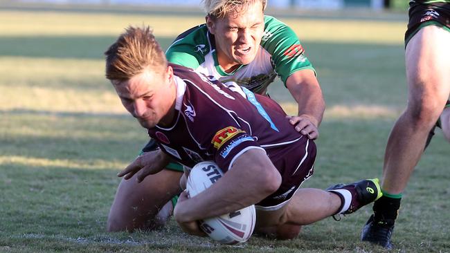 Rugby League Gold Coast A-Grade Round 2 - Burleigh Bears vs. Helensvale Hornets at Pizzey Park. Ryan Wescombe scoring a try. 16 May 2021 Miami Picture by Richard Gosling