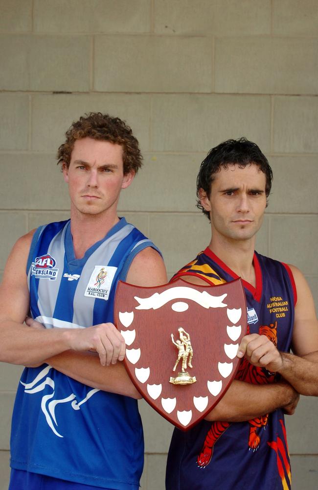 Maroochy Northshore's Ryan White and Noosa's Luke Matthews, prior to AFL coast showdown in 2007. Photo: Cade Mooney