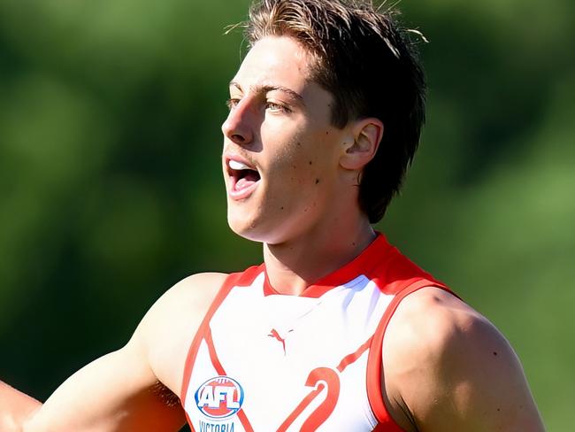 MELBOURNE, AUSTRALIA - APRIL 28: Tobyn Murray of the Young Guns celebrates kicking a goal during the 2024 Young Guns Series match between the Young Guns and the Victoria Country U18 Boys at Highgate Recreation Centre on April 28, 2024 in Melbourne, Australia. (Photo by Josh Chadwick/AFL Photos)