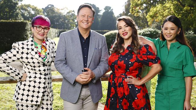 Pictured at Concord in Sydney in August 2022 is Cal Wilson (host) Darren Purchese (judge) Rachel Khoo (judge) and Natalie Tran (host) ahead of the first day of filming the new season of The Great Australian Bake Off. Picture: Richard Dobson