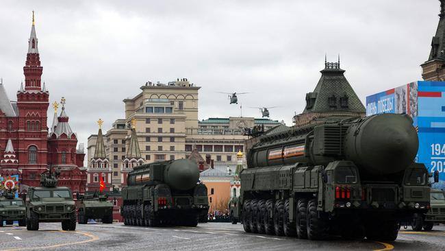 Russian Yars RS-24 intercontinental ballistic missile systems move through Red Square during the 2021 Victory Day military parade in Moscow. Picture: AFP.