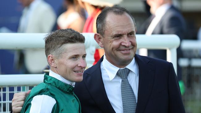 Trainer Chris Waller (right) and jockey James McDonald celebrate Via Sistina’s victory. Picture: Jeremy Ng / Getty Images