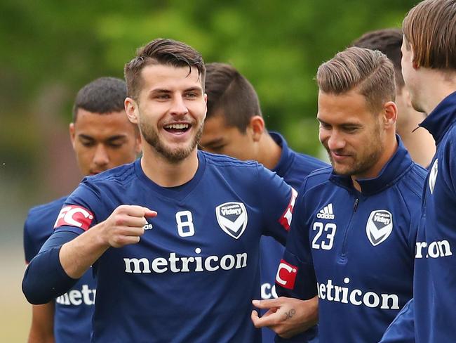 MELBOURNE, AUSTRALIA - OCTOBER 31:  Terry Antonis and Jai Ingham of the Victory laugh during a Melbourne Victory A-League training session at Gosch's Paddock on October 31, 2018 in Melbourne, Australia.  (Photo by Scott Barbour/Getty Images)